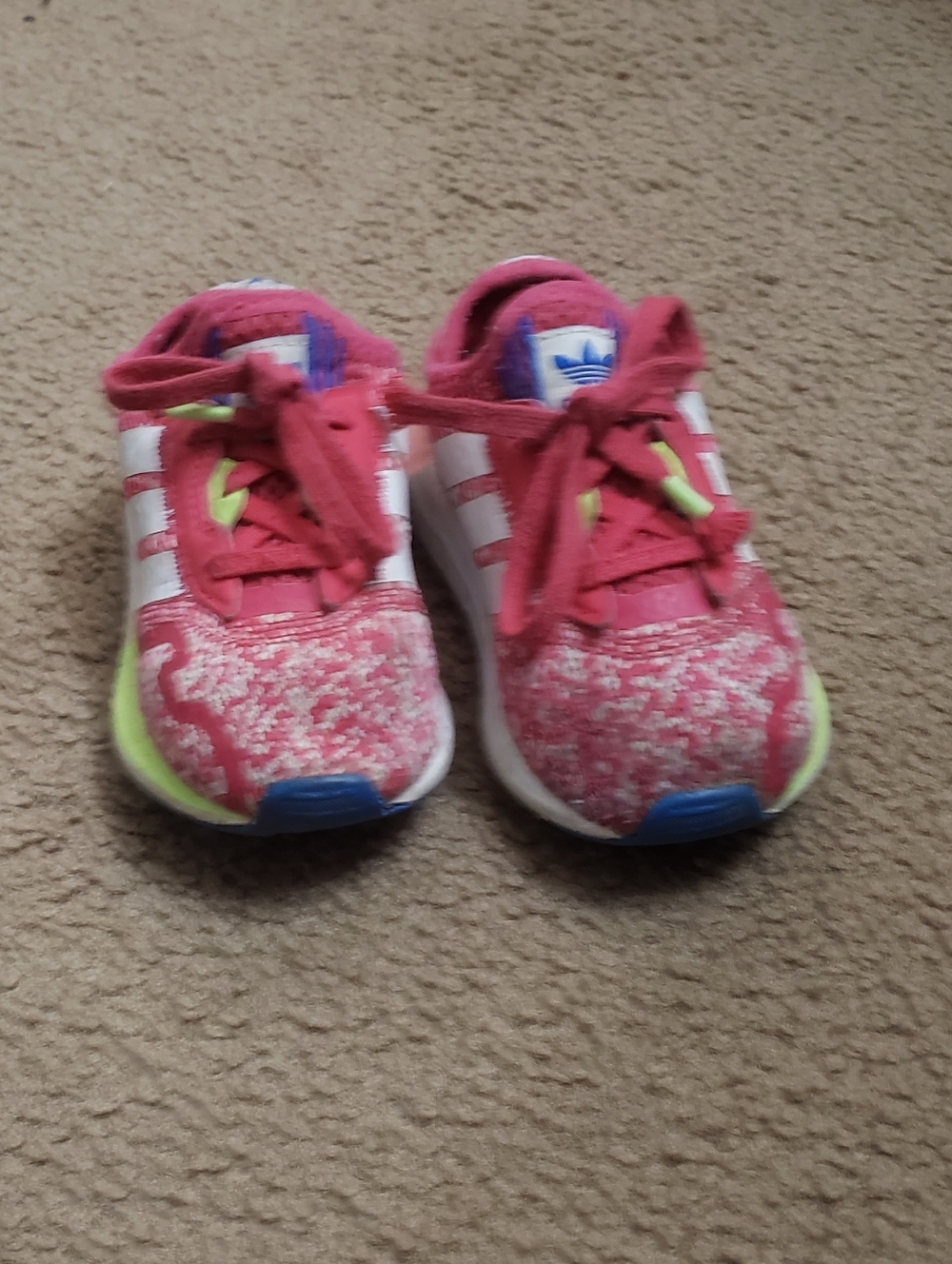 adidas Kids Pink Athletic Sneakers with White Stripes and Neon Accents